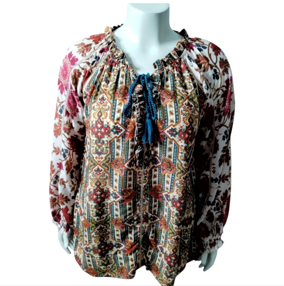 Sundance Catalog Women's‎ Geometric Ruffle Peasant Puff sleeve Tassel Boho Top M